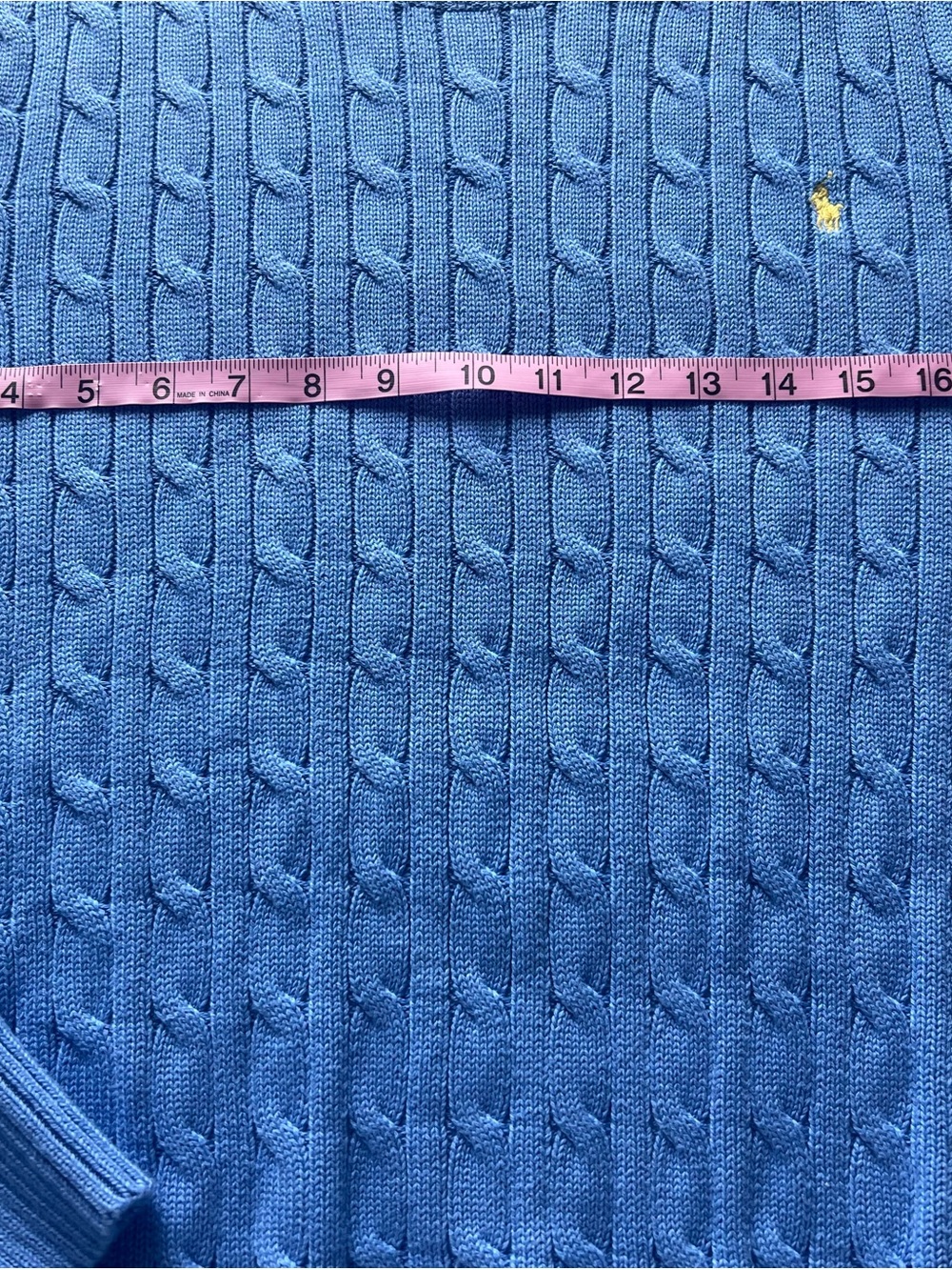 Polo Ralph Lauren Blue Cableknit Sweater Yellow Pony Boys 18-20 or Women S/M 40” - Picture 6 of 8
